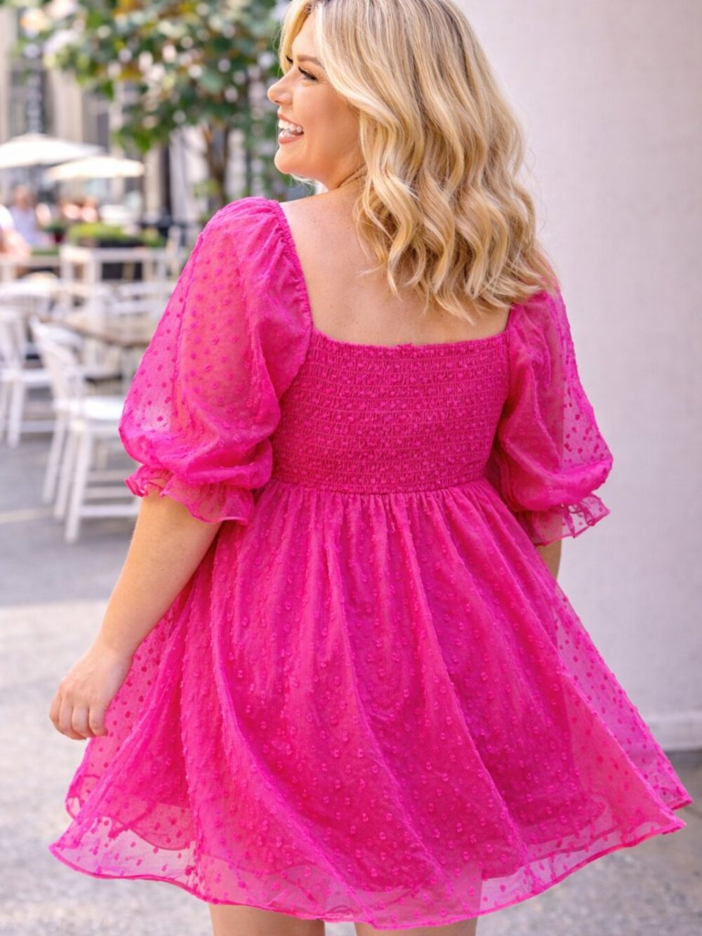 Hot Pink Swiss Dot Smocked Babydoll Mini Dress Puff Sleeve Romantic XL L - Picture 4 of 11